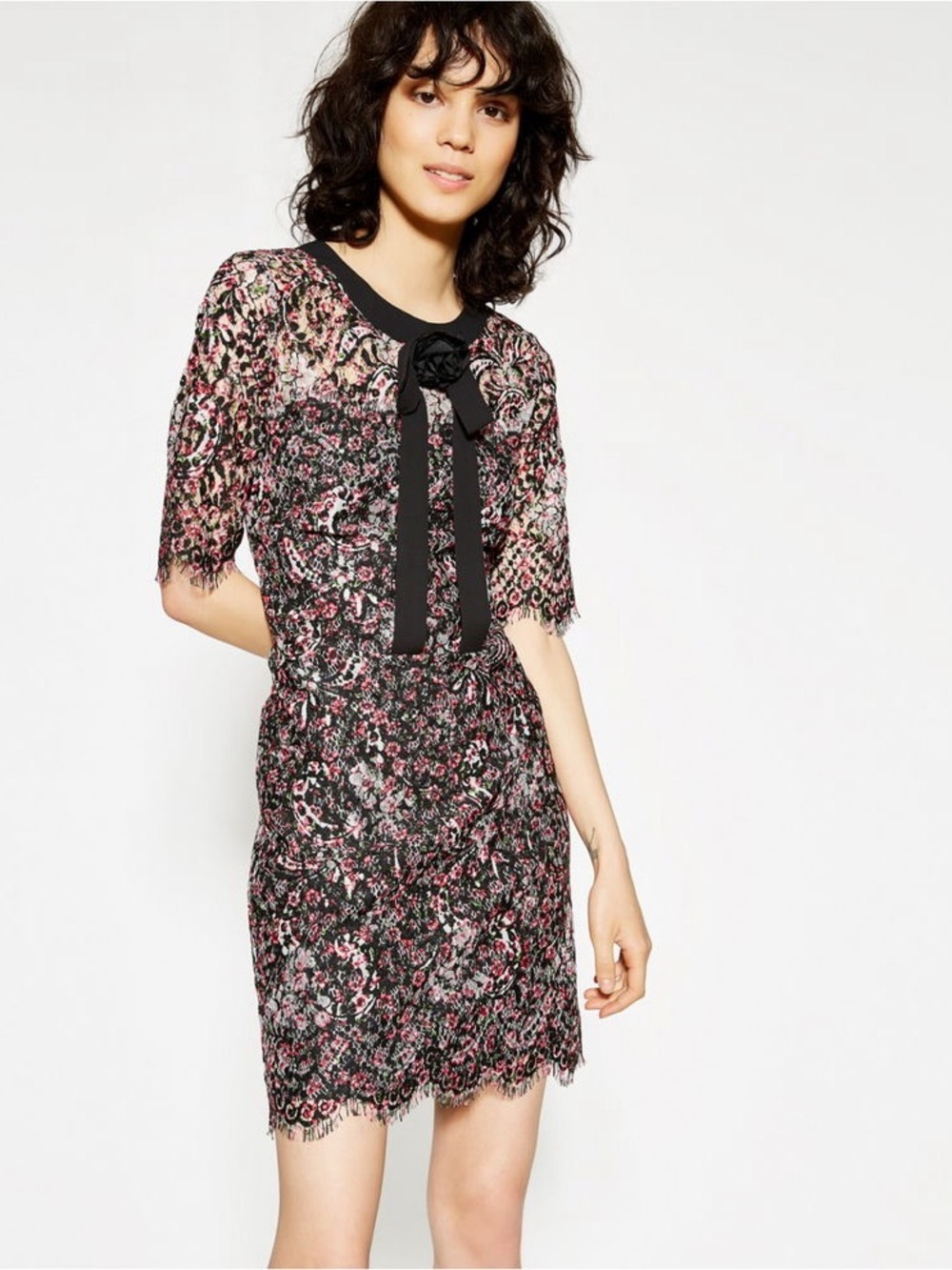 The Kooples- Floral Lace Bow-Detail Short Sleeve Dress - Black & Pink fits